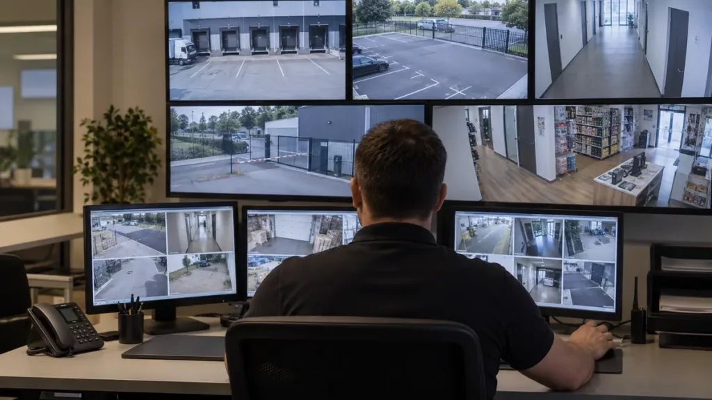 Illustration : agent de télésurveillance devant plusieurs écrans de caméras