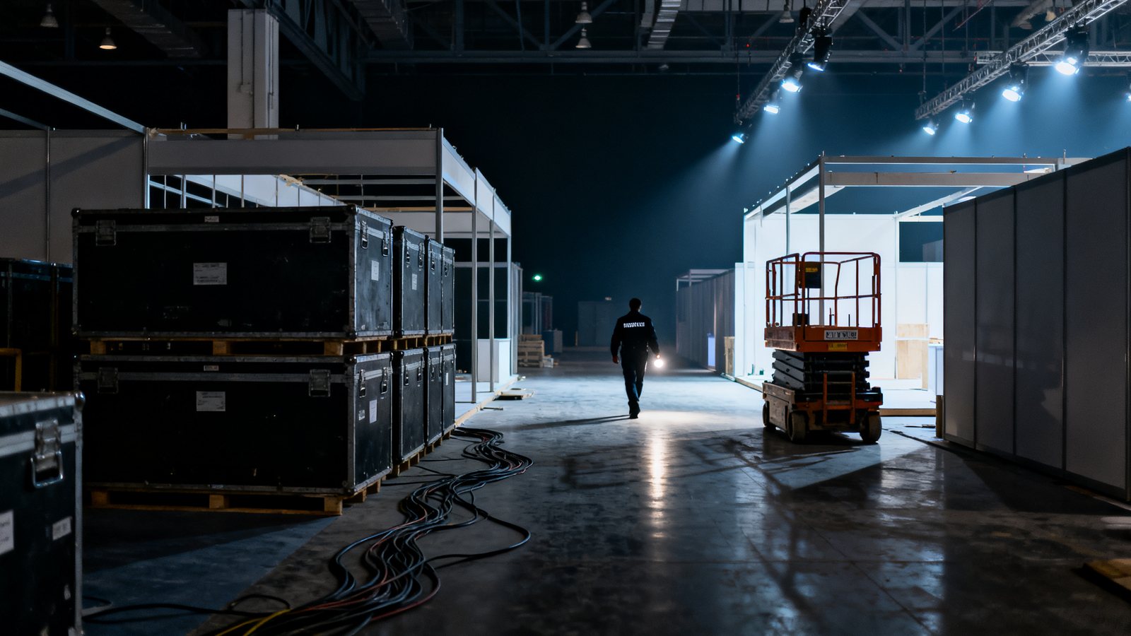 Hall d'exposition en phase de montage la nuit, un agent de securite traverse l'allee entre les caisses