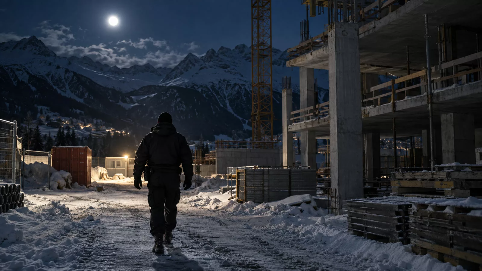 Agent de sécurité effectuant une patrouille de nuit sur un chantier de construction en Isère