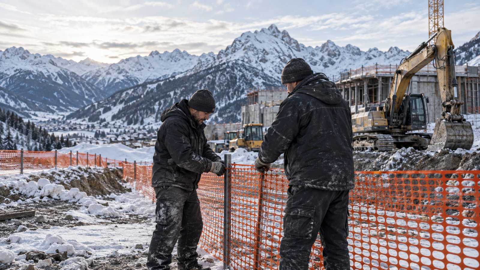 Chantier de construction en montagne enneigée avec barrières de sécurité, engins de travaux et agents de surveillance en tenue sombre, Alpes françaises