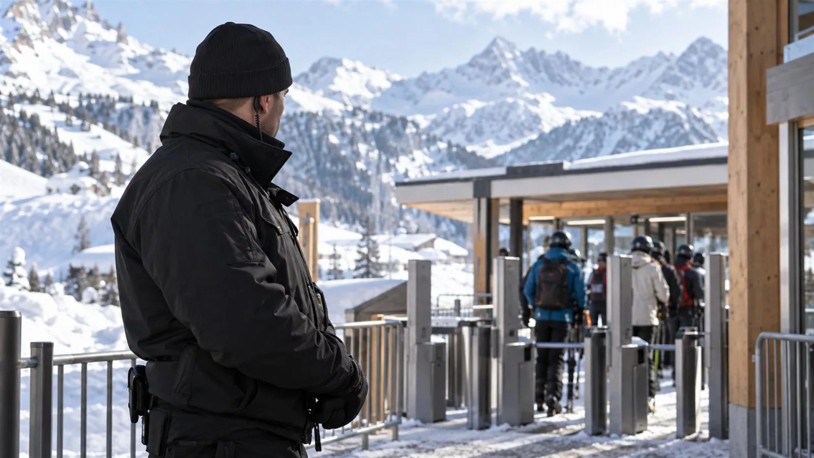 Agent de sécurité en tenue sombre posté devant un site sportif montagnard enneigé pour les JOP Alpes 2030