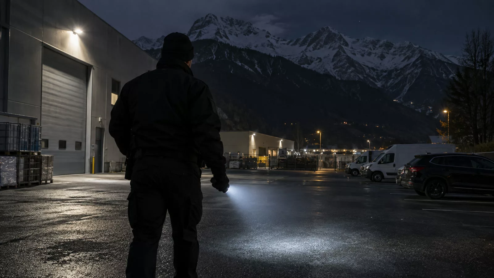 Agent de sécurité effectuant une levée de doute de nuit sur un site industriel en Isère
