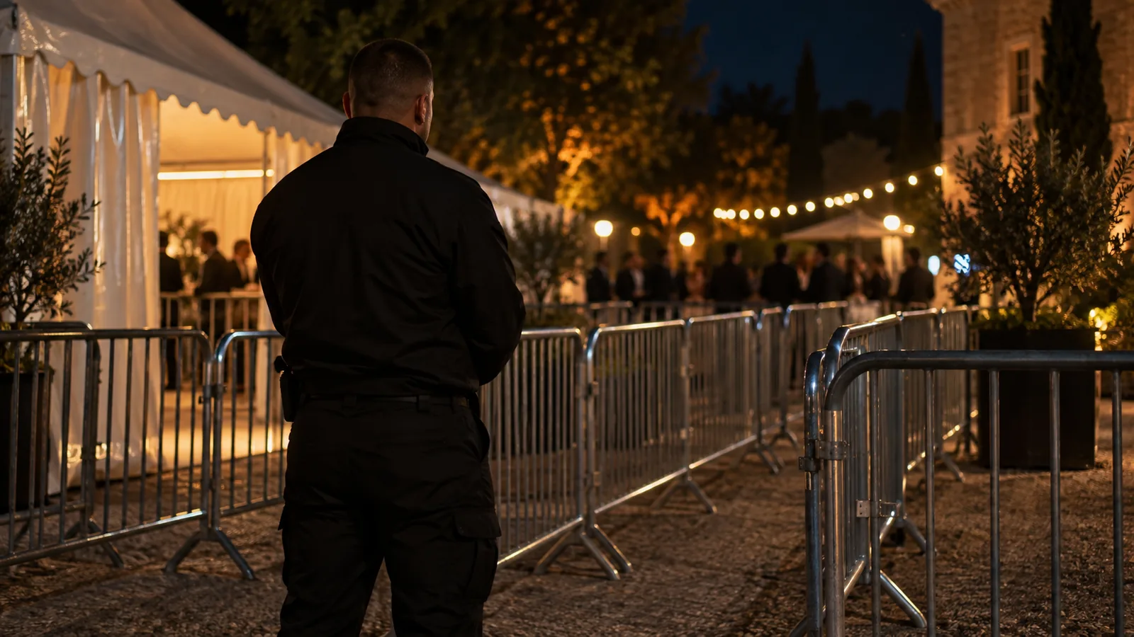 Agent de sécurité en uniforme sombre lors d’une ronde de gardiennage à Aix-les-Bains, en soirée