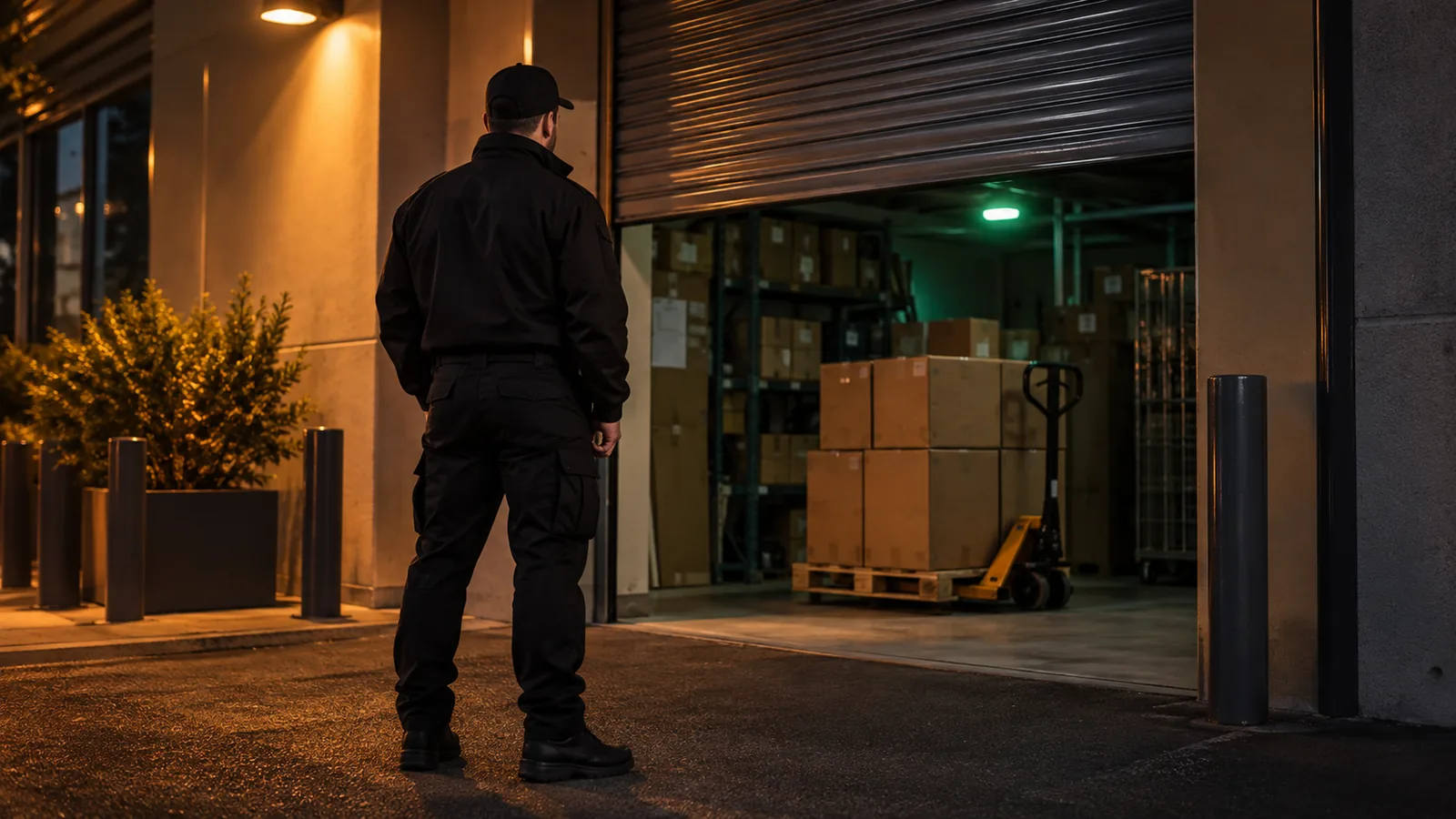 Agent de sécurité en uniforme sombre lors d’une ronde de gardiennage à Albertville, en soirée