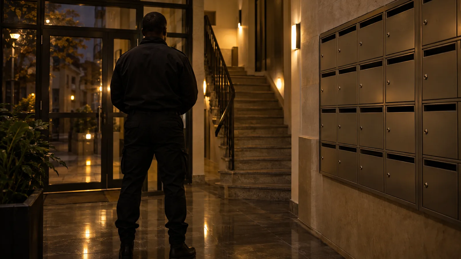 Agent de sécurité en uniforme sombre lors d’une ronde de gardiennage à Barberaz, en soirée