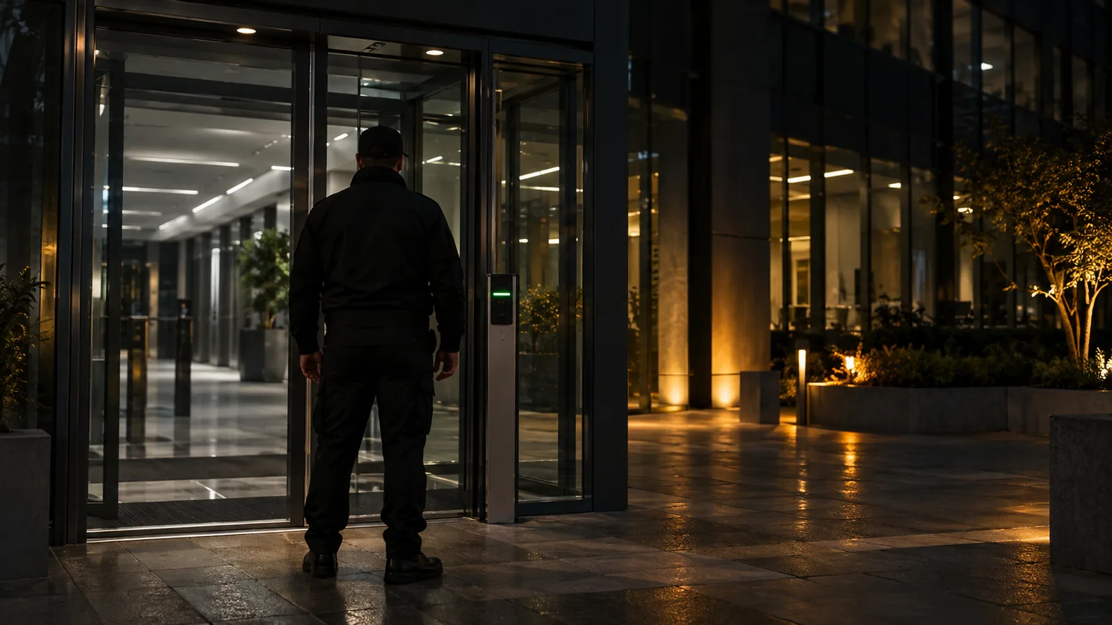 Agent de sécurité en uniforme sombre lors d’une ronde de gardiennage à Bernin, en soirée