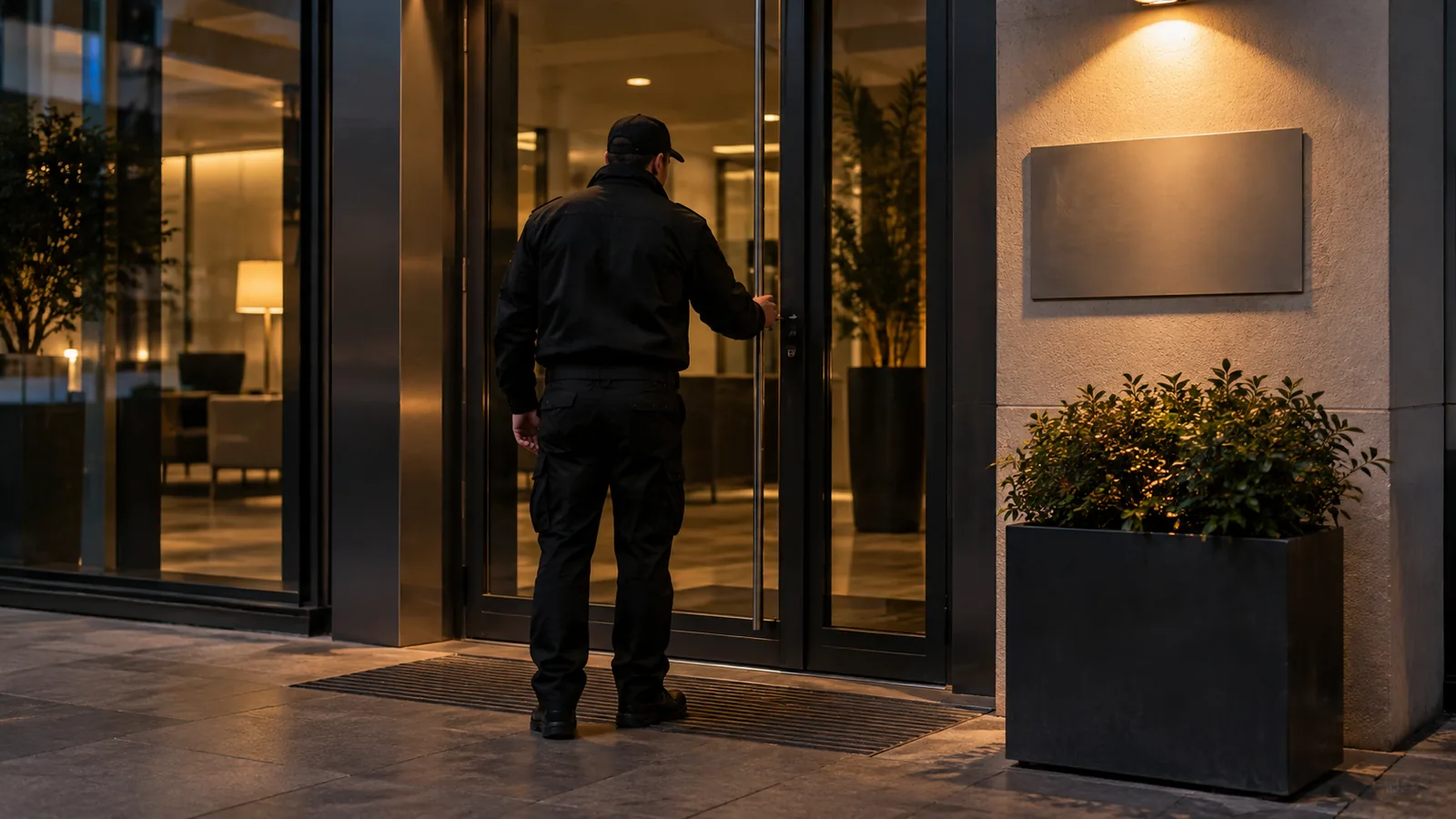 Agent de sécurité en uniforme sombre lors d’une ronde de gardiennage à Challes-les-Eaux, en soirée