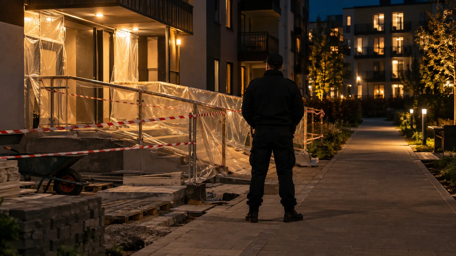 Agent de sécurité en uniforme sombre lors d’une ronde de gardiennage à Cognin, en soirée