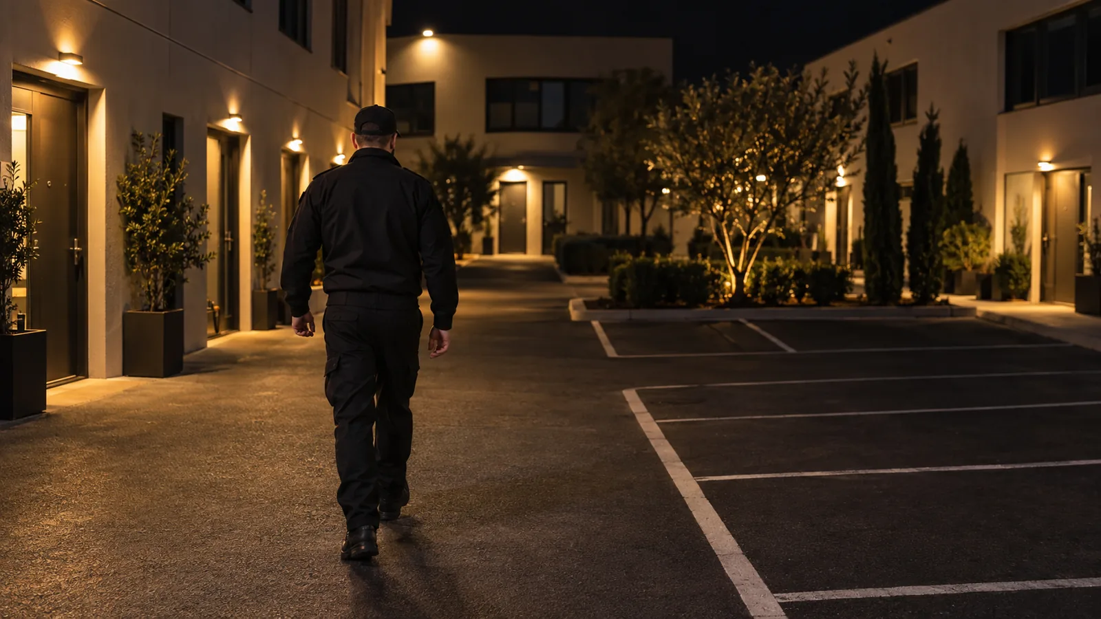 Agent de sécurité en uniforme sombre lors d’une ronde de gardiennage à Domène, en soirée