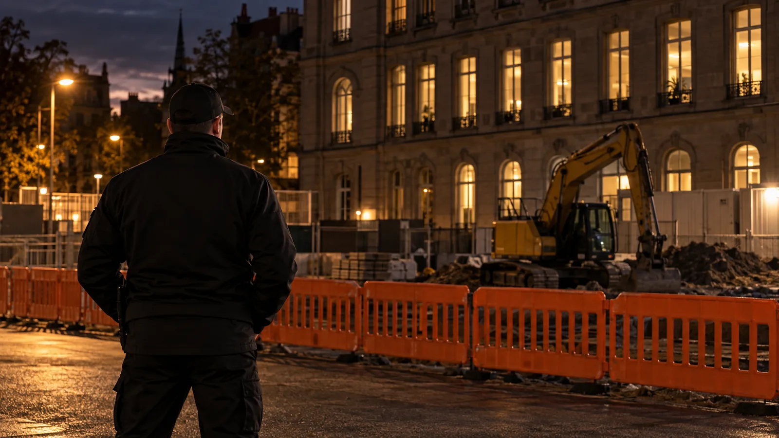 Agent de sécurité en uniforme sombre lors d’une ronde de gardiennage à La Motte-Servolex, en soirée