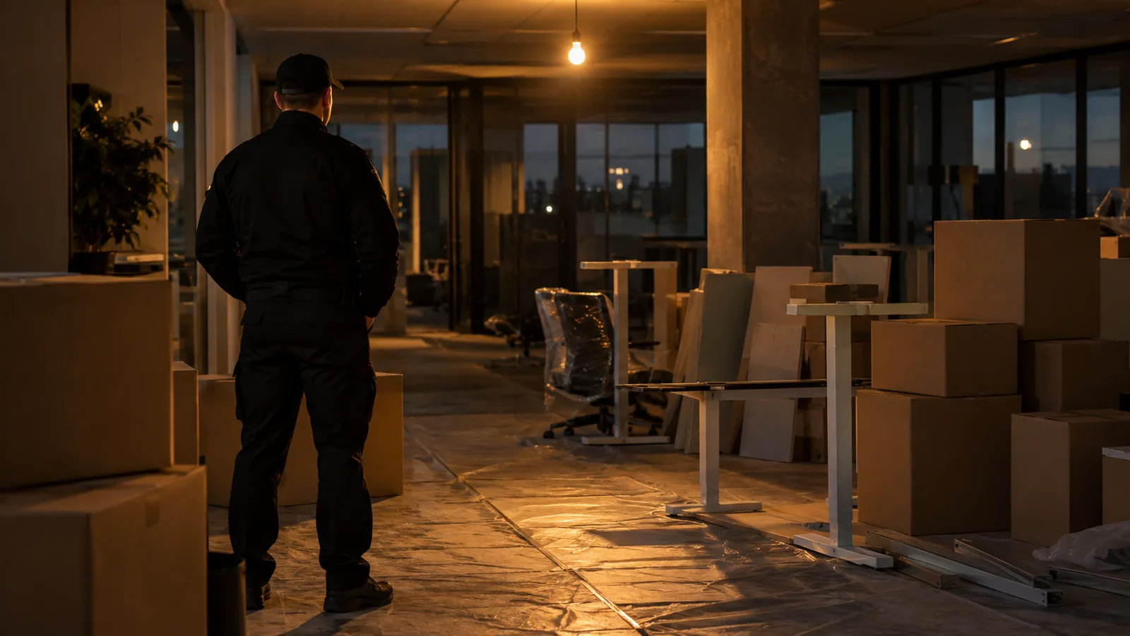 Agent de sécurité en uniforme sombre lors d’une ronde de gardiennage à La Ravoire, en soirée