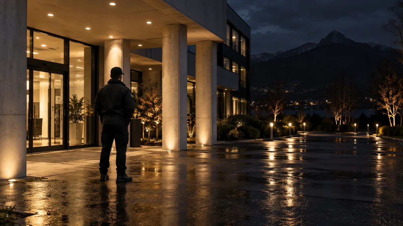 Agent de sécurité en uniforme sombre lors d’une ronde de gardiennage à Le Bourget-du-Lac, en soirée