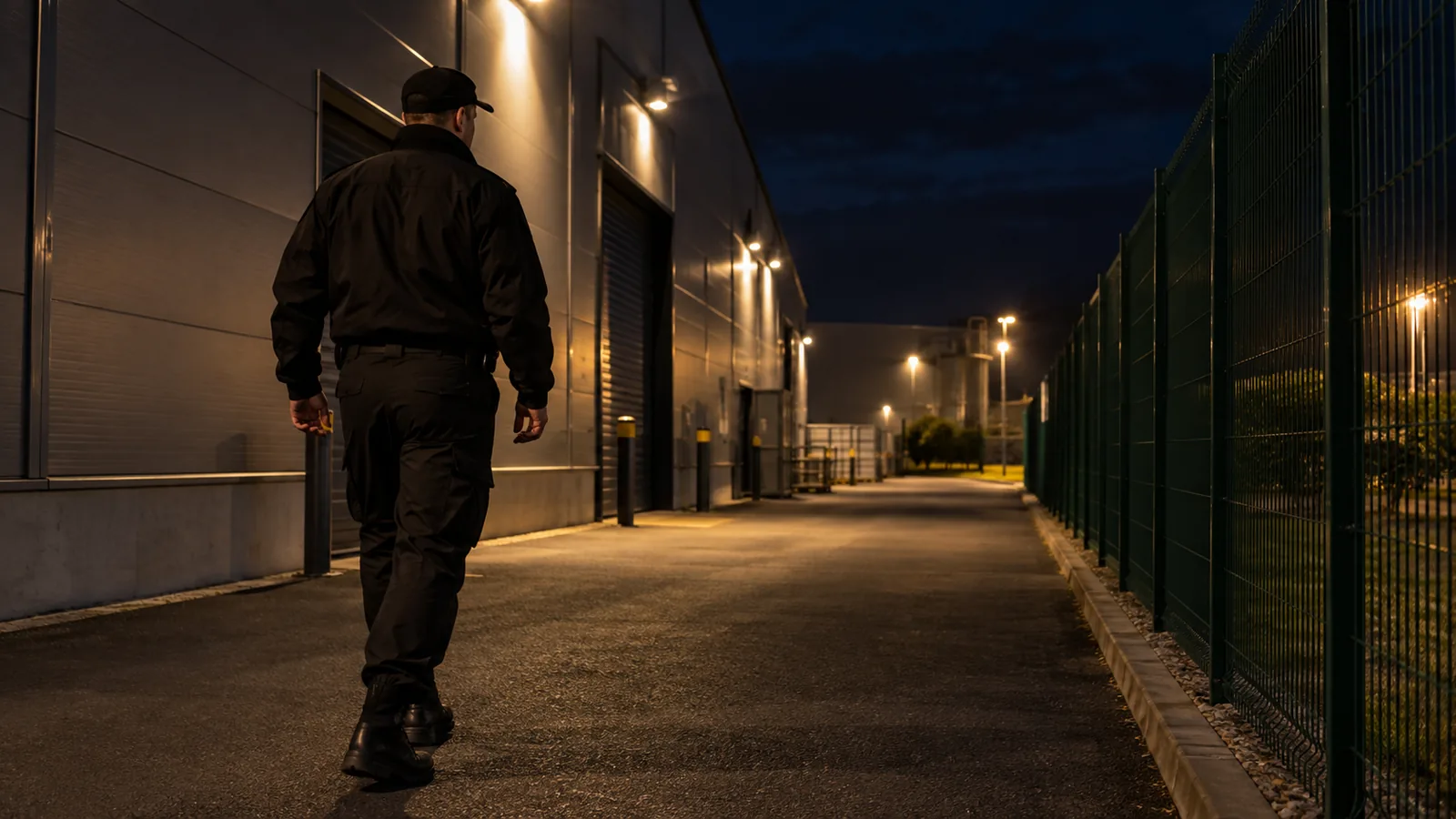 Agent de sécurité en uniforme sombre lors d’une ronde de gardiennage à Le Pont-de-Claix, en soirée