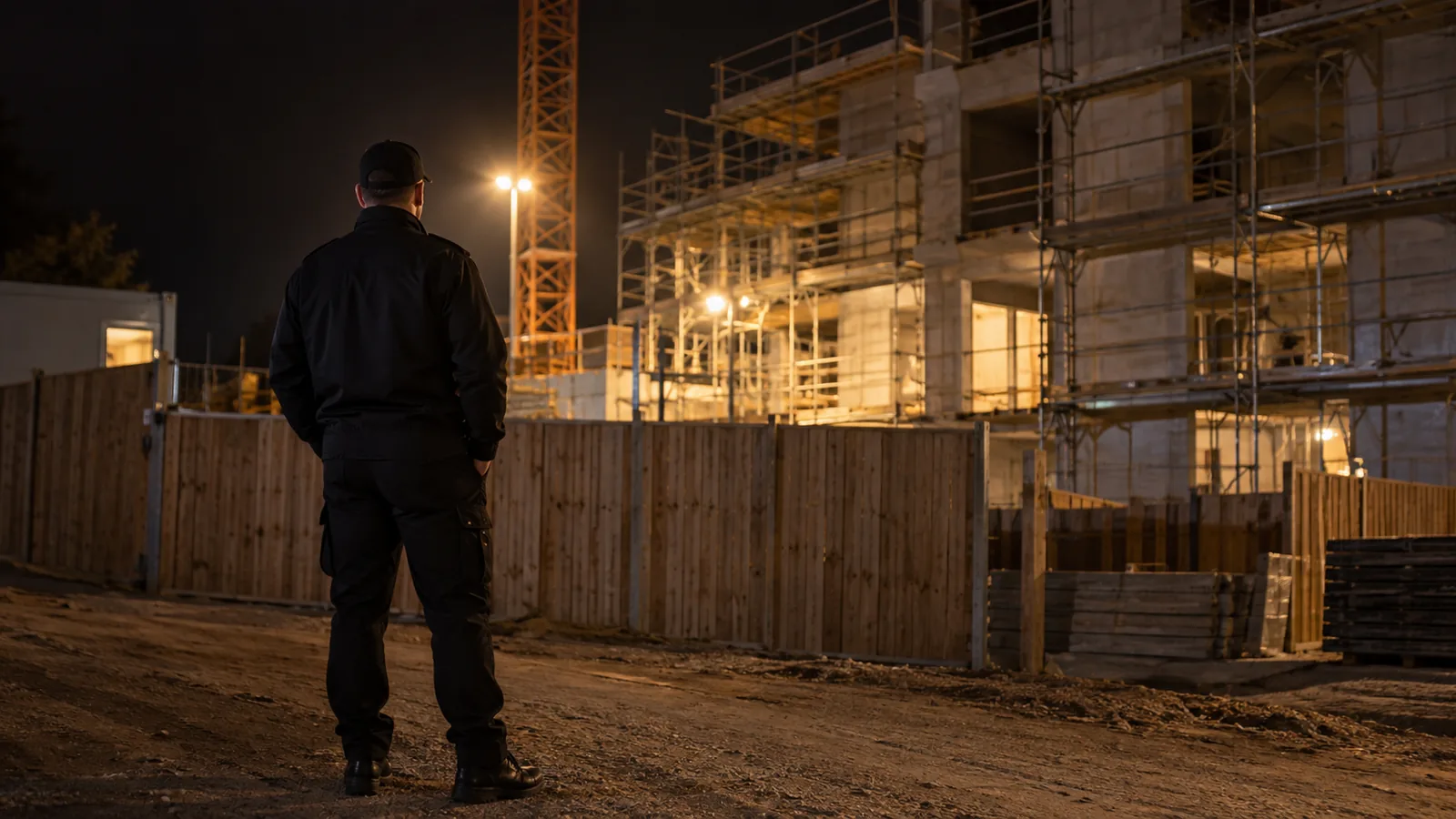 Agent de sécurité en uniforme sombre lors d’une ronde de gardiennage à Le Versoud, en soirée