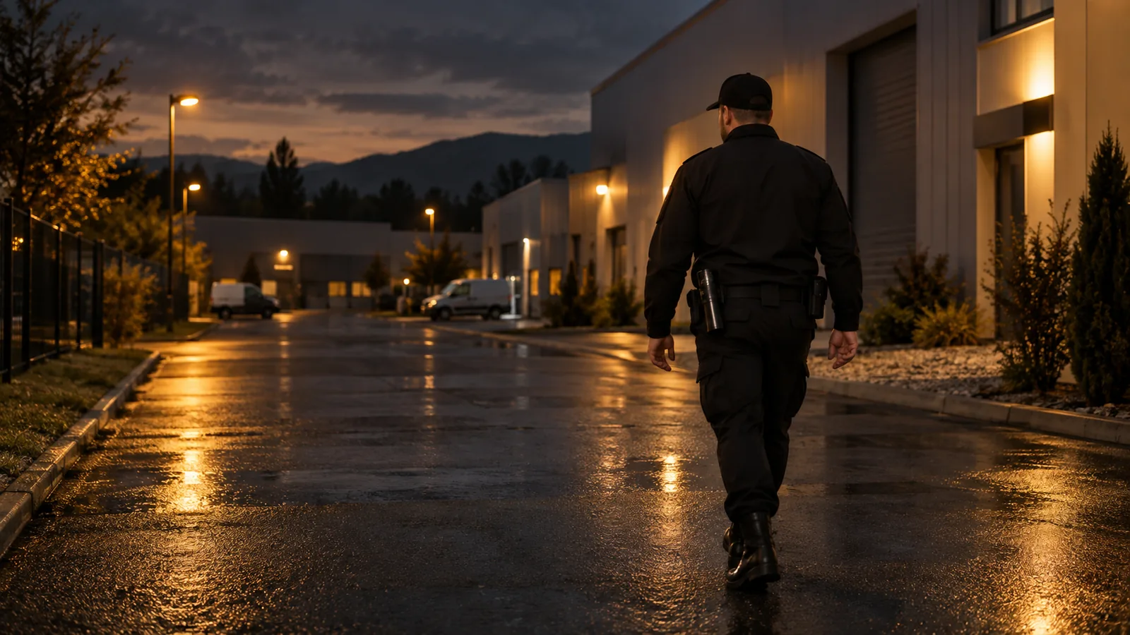 Agent de sécurité en uniforme sombre lors d’une ronde de gardiennage à Moirans, en soirée