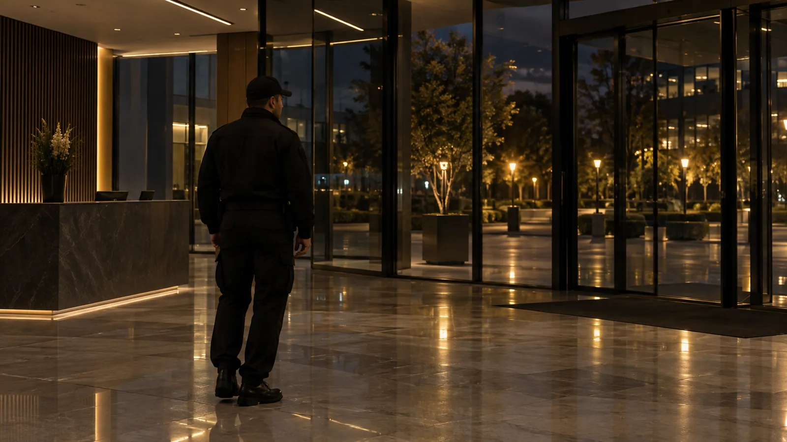 Agent de sécurité en uniforme sombre lors d’une ronde de gardiennage à Montbonnot-Saint-Martin, en soirée