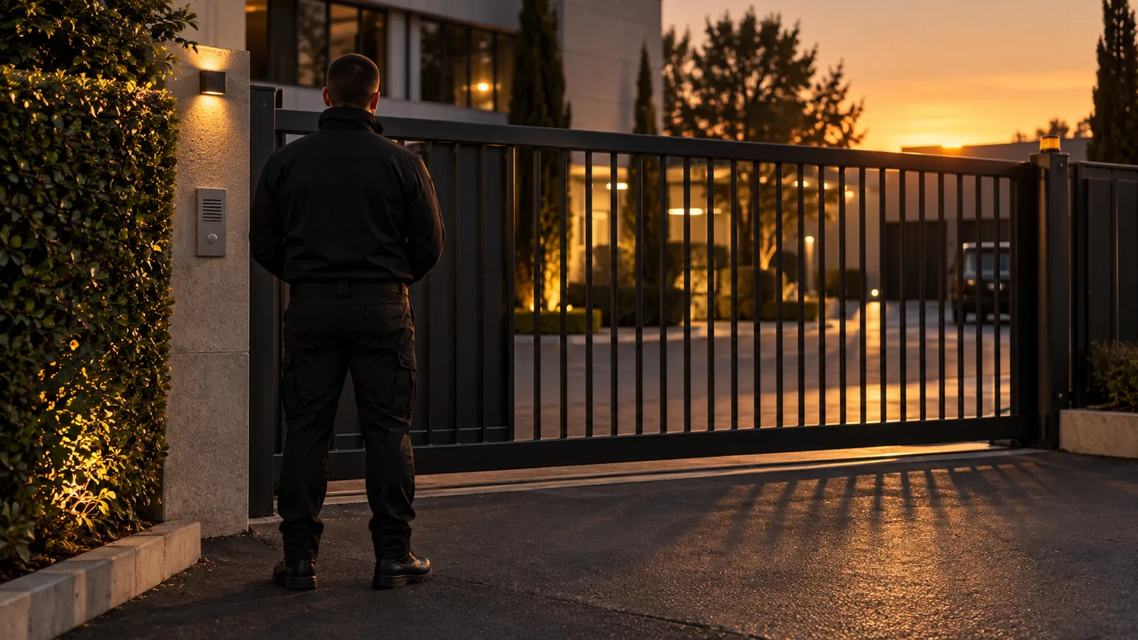 Agent de sécurité en uniforme sombre lors d’une ronde de gardiennage à Sassenage, en soirée