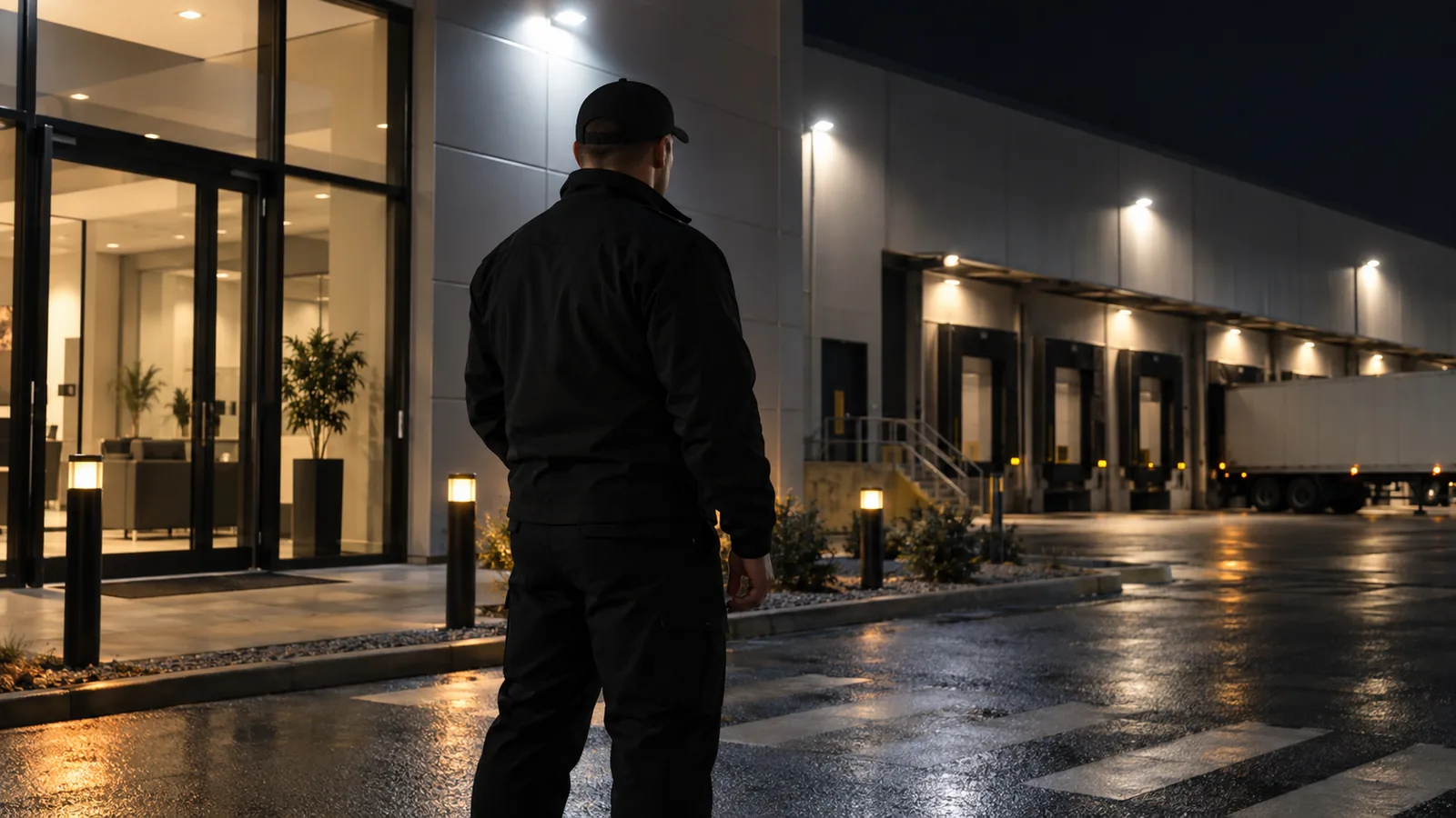 Agent de sécurité en uniforme sombre lors d’une ronde de gardiennage à Voglans, en soirée