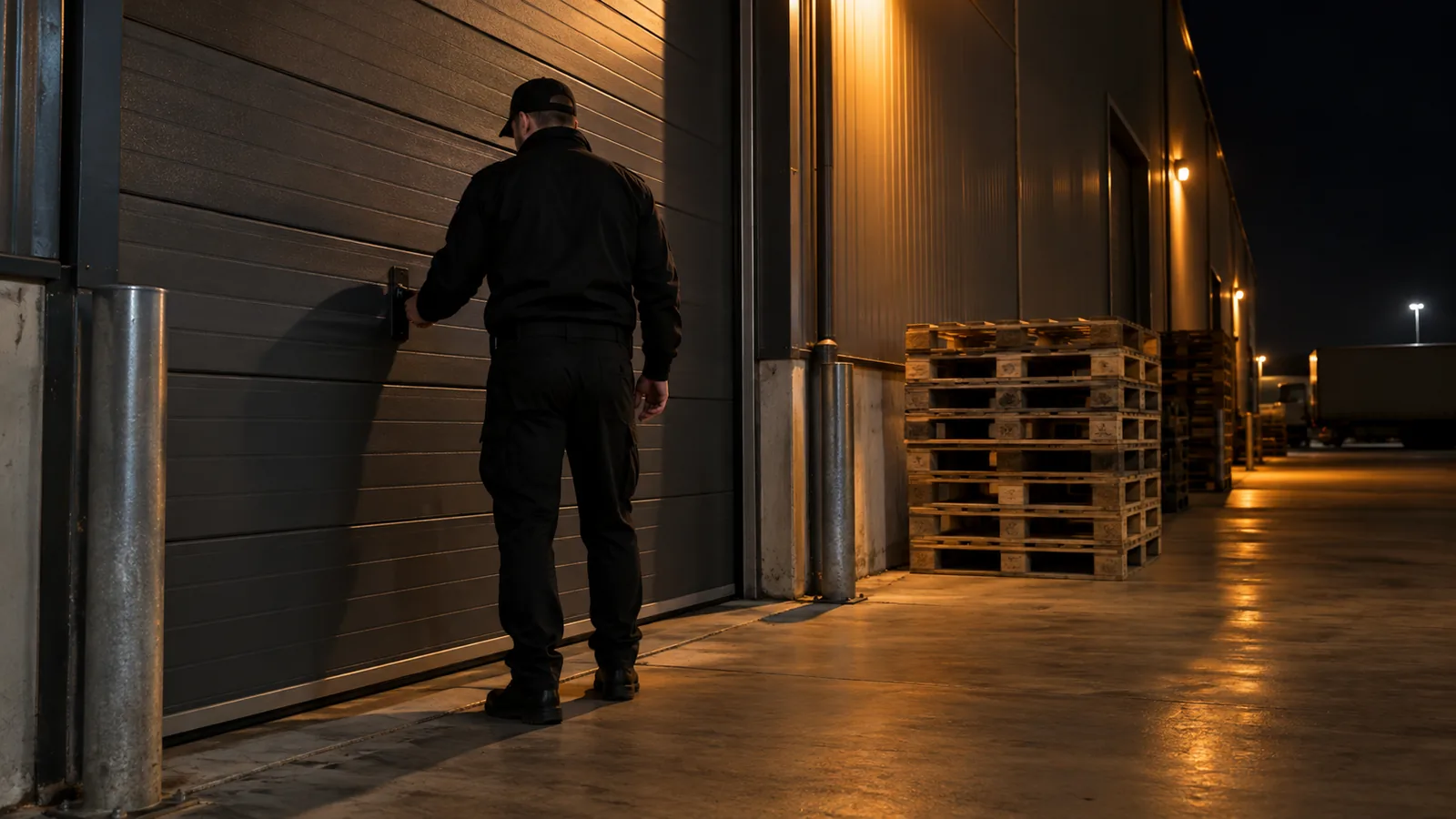 Agent de sécurité en uniforme sombre lors d’une ronde de gardiennage à Voreppe, en soirée