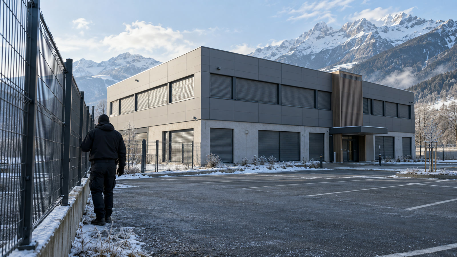 Agent de sécurité inspectant les accès d'un bâtiment professionnel fermé, nuit, Isère
