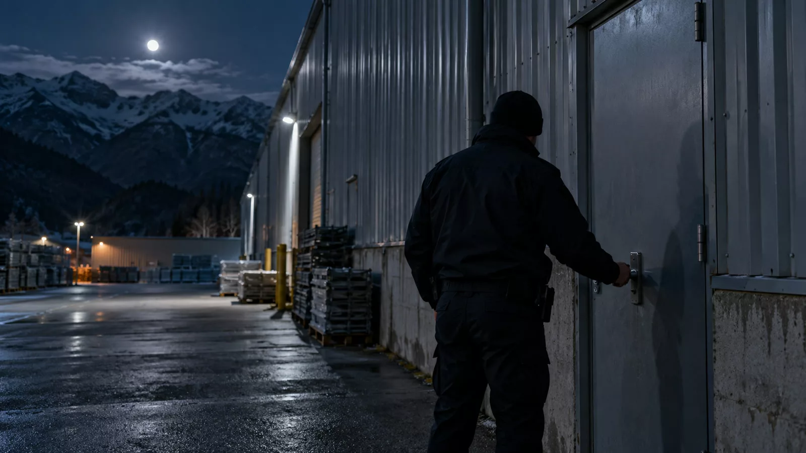 Agent de securite inspectant lentre dun entrepot ferme la nuit en Isere