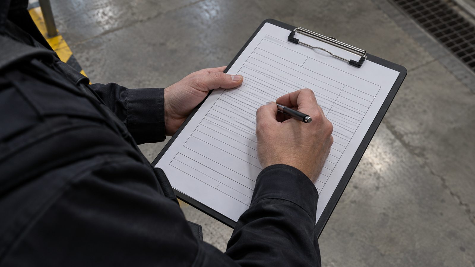 Agent de sécurité écrivant un rapport d'intervention structuré sur un clipboard dans un entrepôt