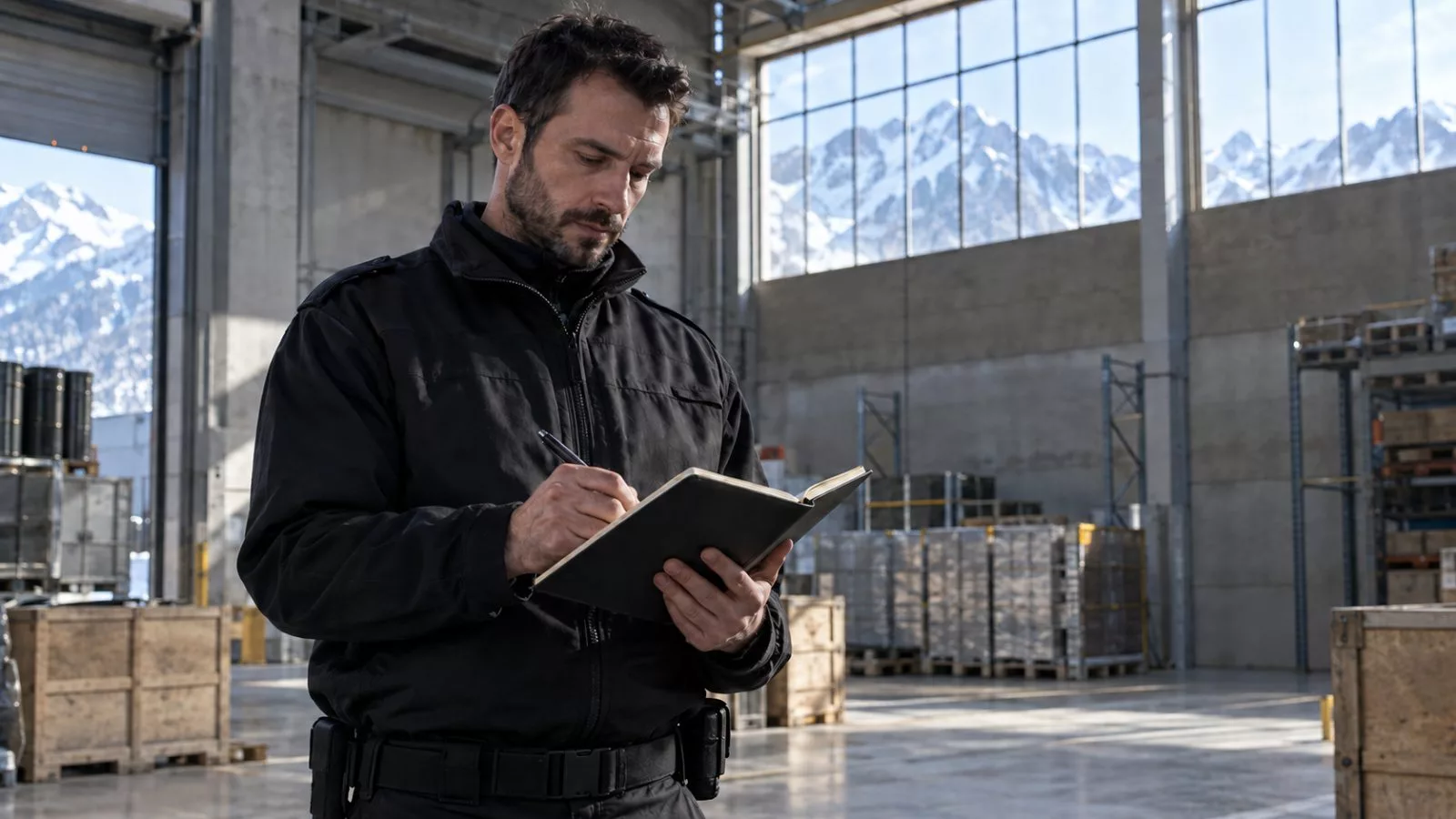 Agent de sécurité en tenue sombre rédigeant un rapport d'intervention dans un entrepôt avec vue sur les Alpes