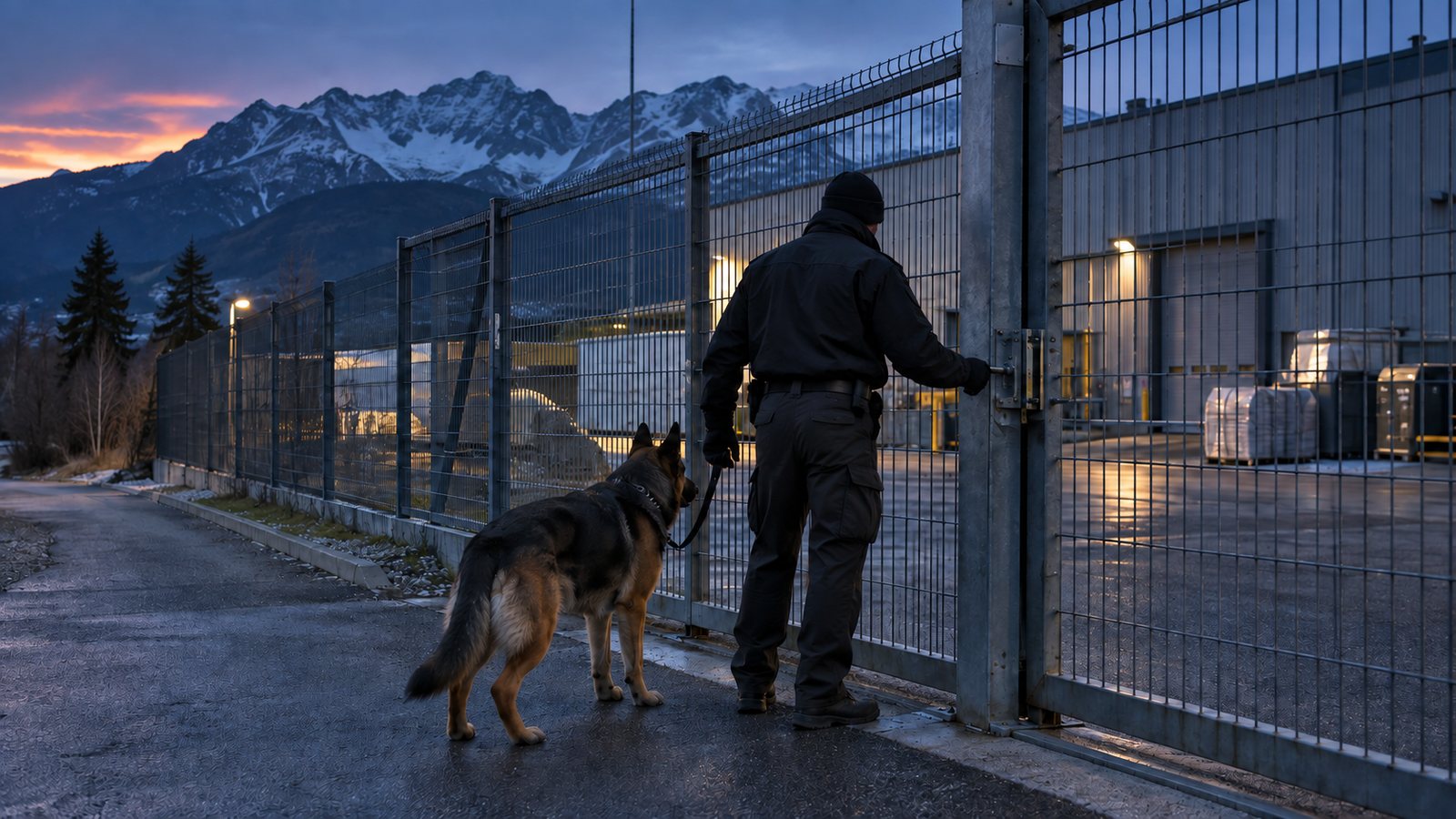 Agent cynophile de nuit sur un site industriel en Isère lors d'une ronde périmétrique