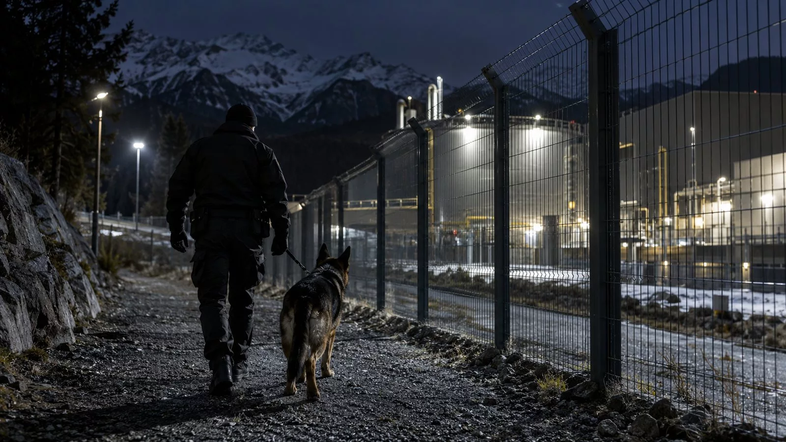 Agent cynophile en tenue sombre avec son chien lors dune ronde nocturne sur un site industriel