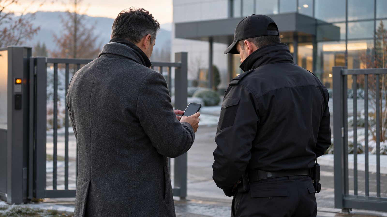 Responsable de site en Isère vérifiant la carte professionnelle d'un agent de sécurité à l'entrée d'un bâtiment industriel
