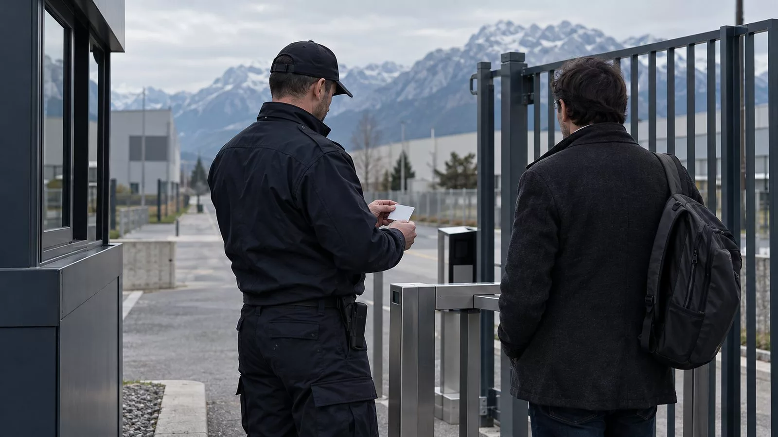 Agent de sécurité privée en uniforme professionnel contrôlant l'accès à l'entrée d'un site industriel en Isère