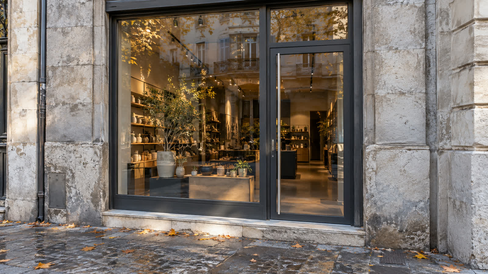 Entrée d'un commerce en centre-ville en Isère : vitrine et porte principale, les deux points d'accès à préciser dans les consignes