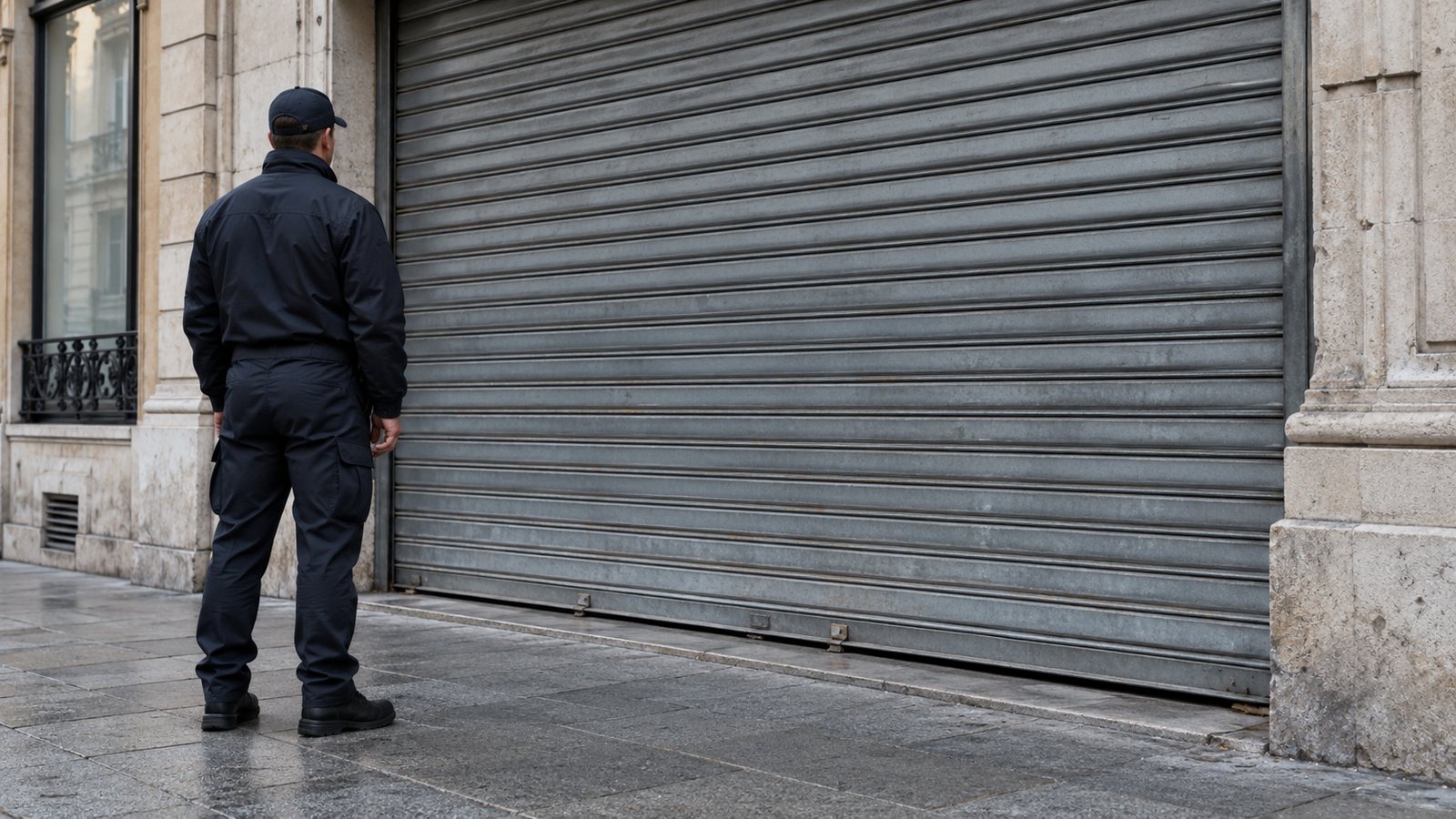 Gardien de sécurité en observation devant un commerce à grille baissée en Isère
