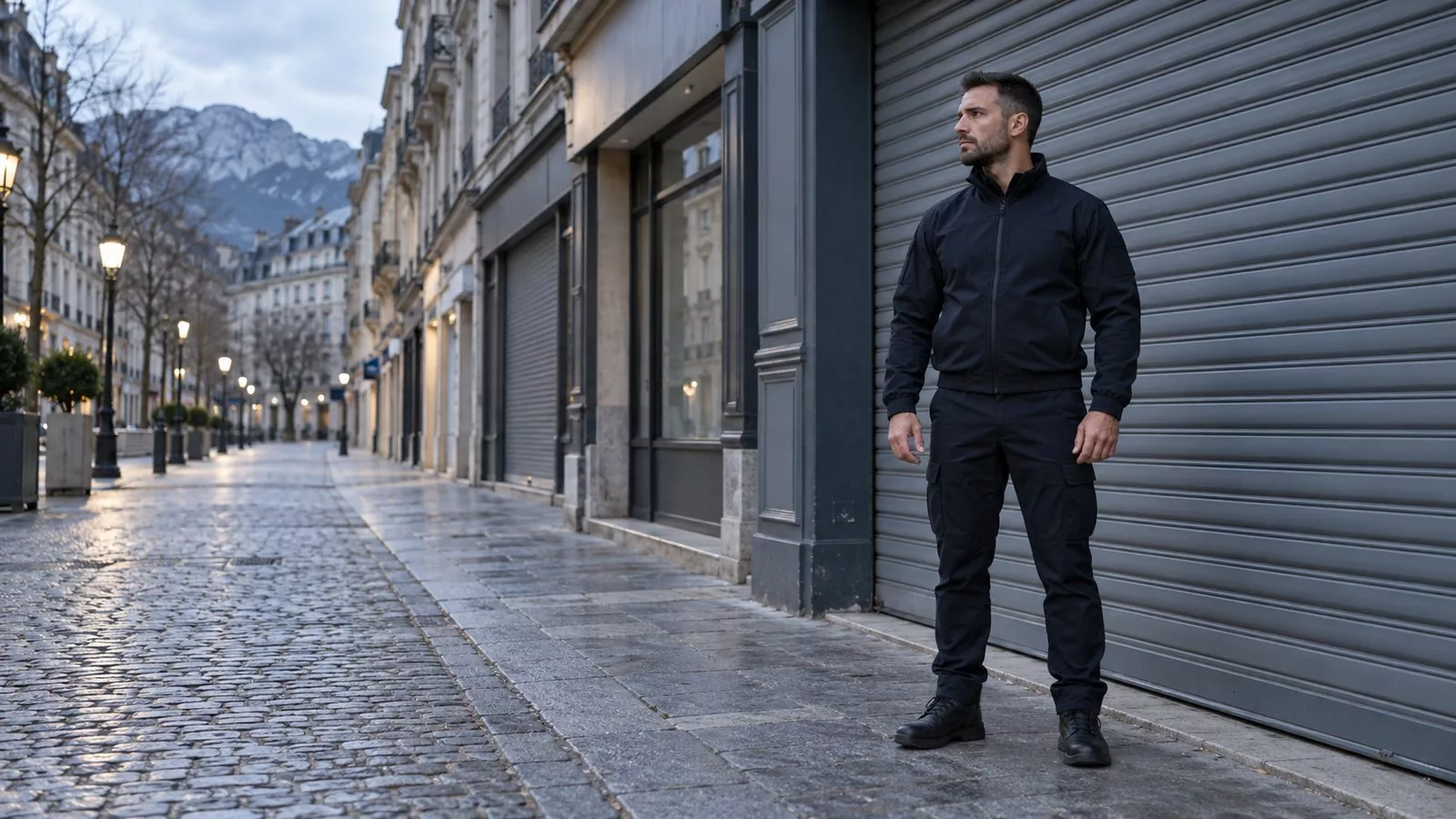 Agent de sécurité devant un commerce fermé lors d'une journée de mobilisation à Grenoble, Isère
