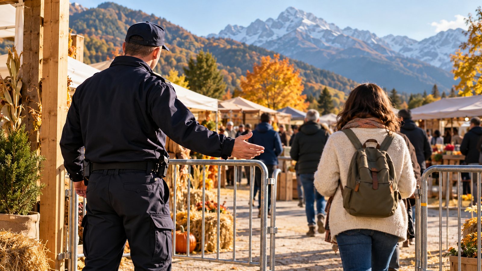 Agent de sécurité à l'entrée d'une manifestation en plein air en Savoie