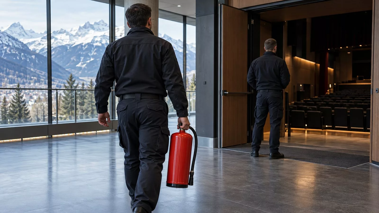 Agent de sécurité en uniforme sombre devant une salle de spectacle en Savoie