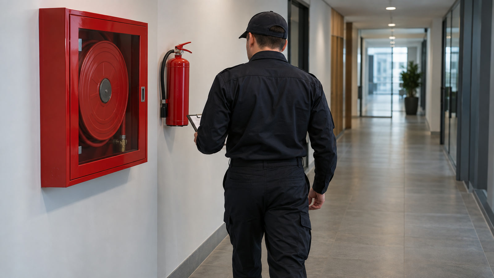 Agent de sécurité incendie SSIAP vérifiant les équipements dans un couloir d'établissement recevant du public en Isère et Savoie