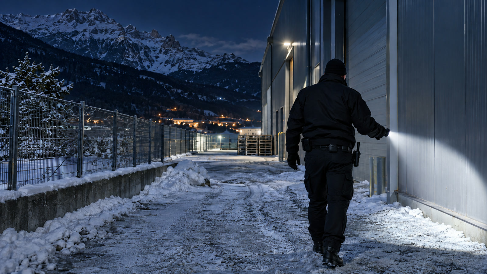 Agent de sécurité privée effectuant une inspection nocturne du périmètre d'un site industriel en Isère