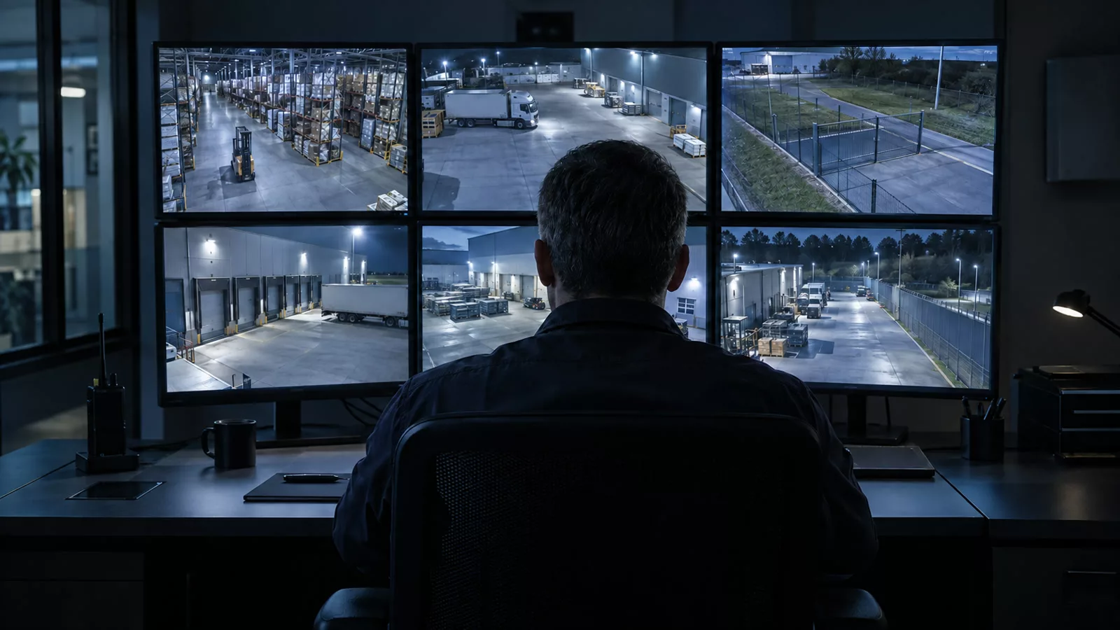 Opérateur devant une centrale de télésurveillance en Isère, écrans de supervision des caméras de site